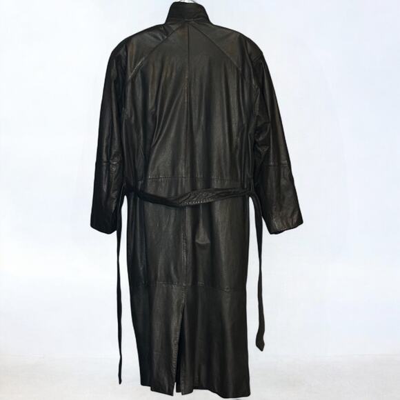 Vintage I.O.U. Leather Collection Black Trench Coat Women's Sz S Belted Duster - Picture 12 of 15